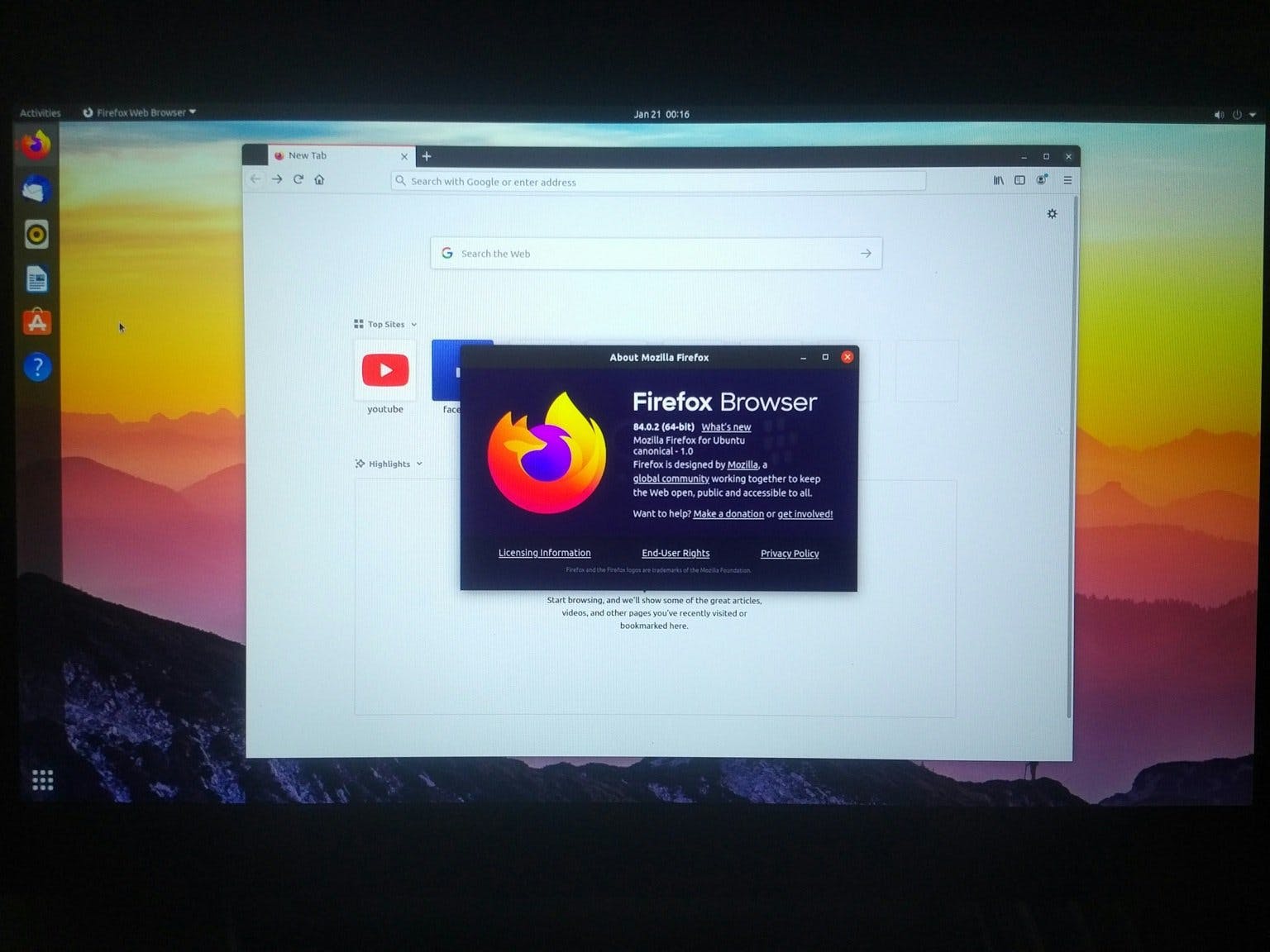 Firefox browser's details window inside Linux operating system
